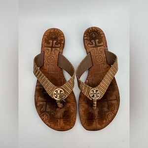 Tory Burch Wedge Heels Slip On Thong Sandals Womens Size 6M Brown Leather